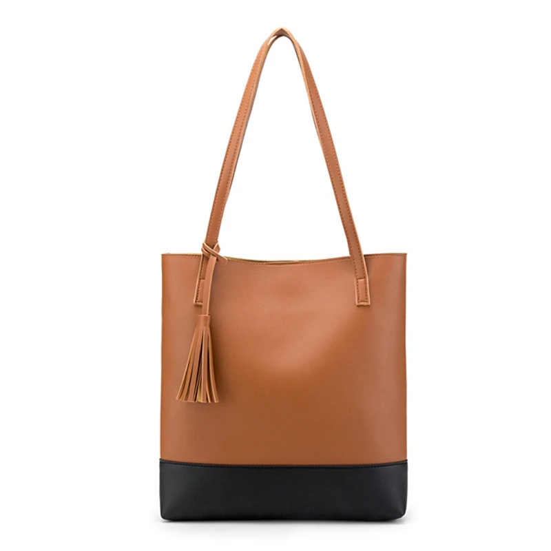 

Women Contrast Color Versatile Handbag PU Leather Vintage Tassel Tote Shoulder Bag Large capacity Handbags bolsa feminina 2019