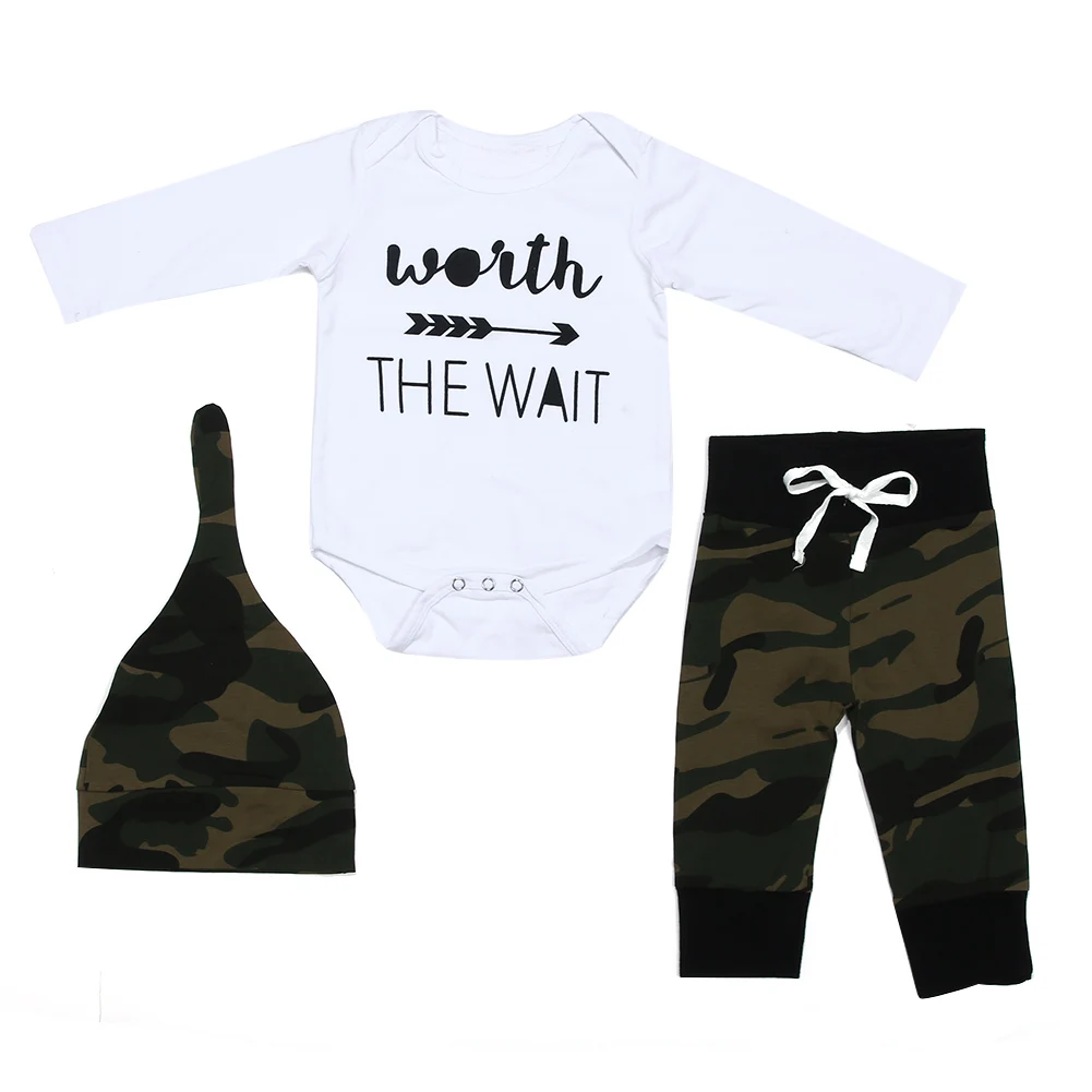 

Fashion Letters Print Long Sleeve White Romper + Camouflage Long Pants + Hat 3Pcs Baby Boys Clothes Set Spring Autumn Outfits