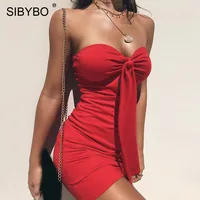 Sibybo Off Shoulder Strapless Mini Summer Dress Women Fashion Sleeveless Backless Knot Sexy Bodycon Dress Beach Casual Dress