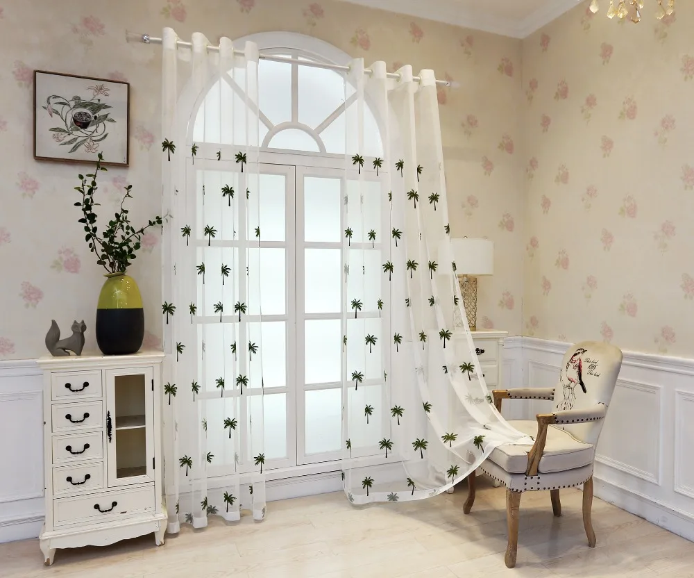 Simple Modern Coconut Tree Screen Embroidery Sheer Voile Window Drapes for Living Room Door Lace Curtains A966 (11)
