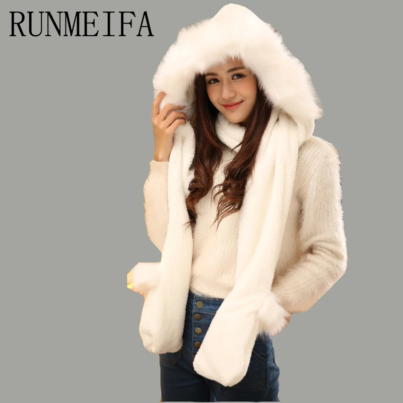 

[RUNMEIFA] 2017 Winter Warm Women Hoodie Gloves Pocket Earflap Hat with fur trim Long Scarf Shawl Snood Wraps