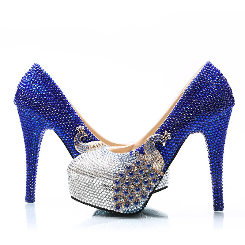 Модные туфли для свадьбы и вечеринки тонкий каблук королевский синий с серебром со стразами обувь под свадебное платье для невесты 14 см высоком туфли-лодочки на каблуке Обувь Для подружки невесты