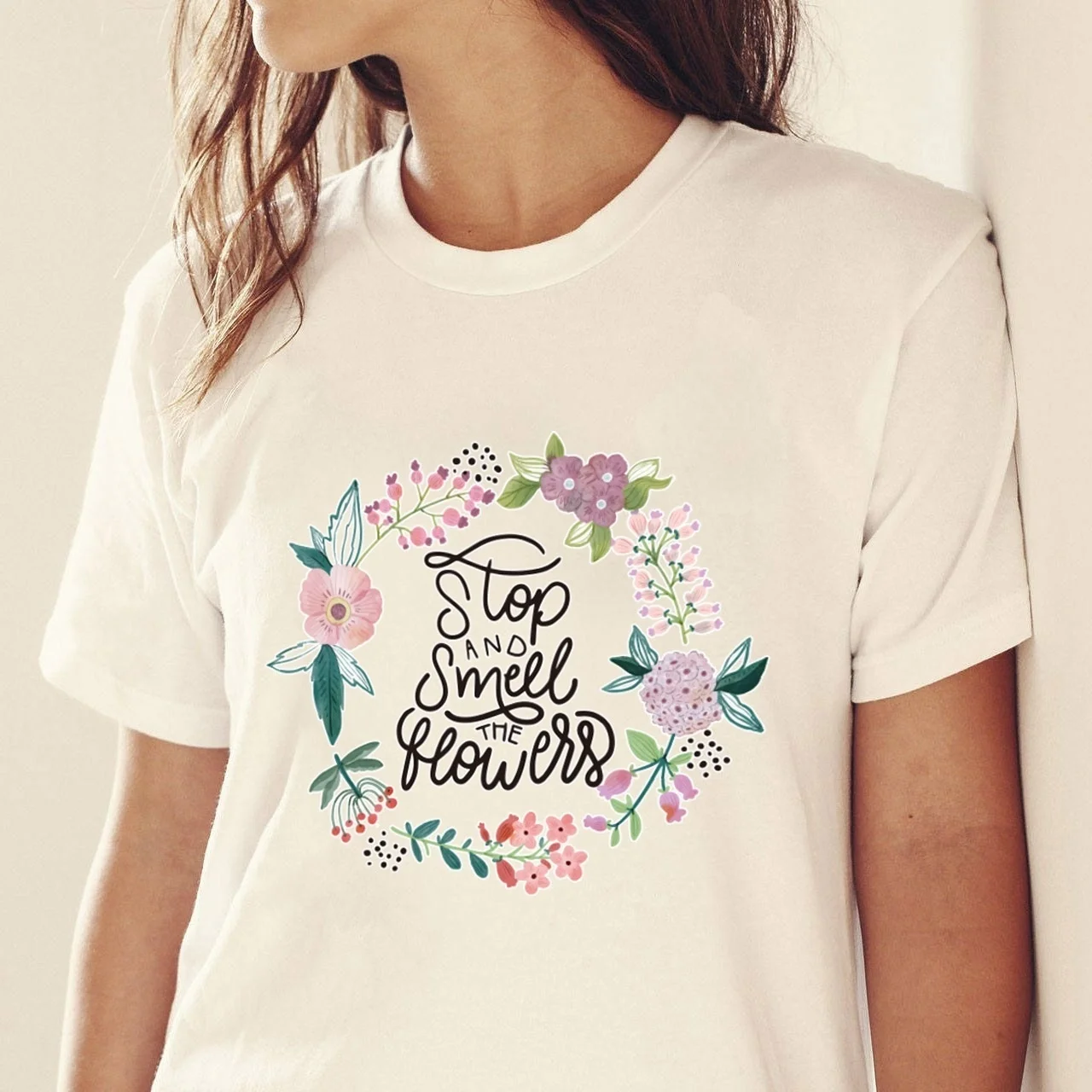 

sunfiz YF Enjoy Your Life Cool Fashion Stop and Smell the Flowers Print O-Neck T-Shirt Female Harajuku T Shirt Lazy Style TShirt