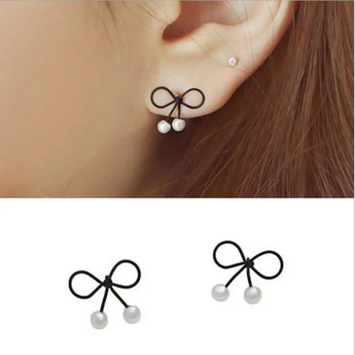 

Korean Jewelry Earrings Black Bow Korean Pearl Korean Lady Stud Earrings