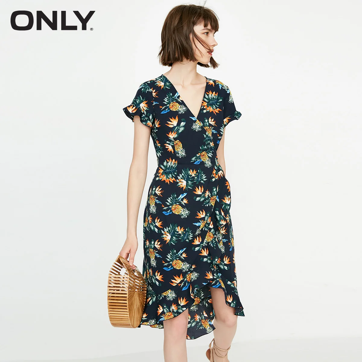 ONLY Spring Summer New V neckline Cinched Waist Lace up Floral Dress