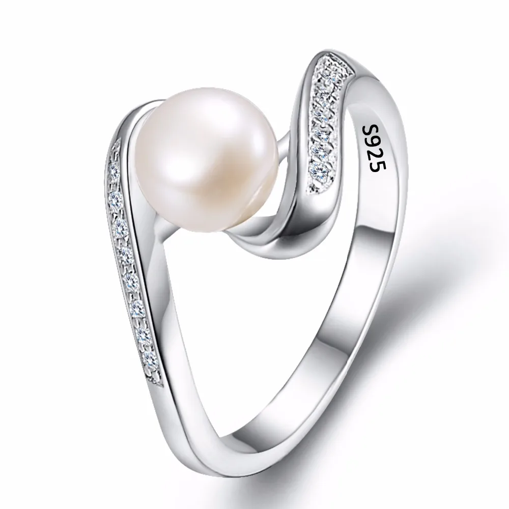 

Tuliper 925 Sterling Silver Silk Ribbon Wedding Ring Cubic Zircon 7MM Ivory Freshwater Cultured Pearl Party Ring 6/7/8