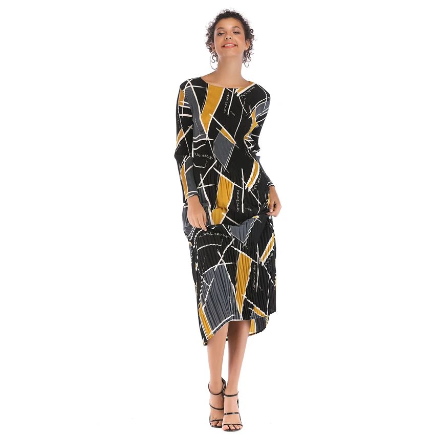 

Vintage Dresses Ladies Summer Dress Geometric Print Contrast Color Party long Sleeve dress Chiffon Elbise Elegant Maxi dress