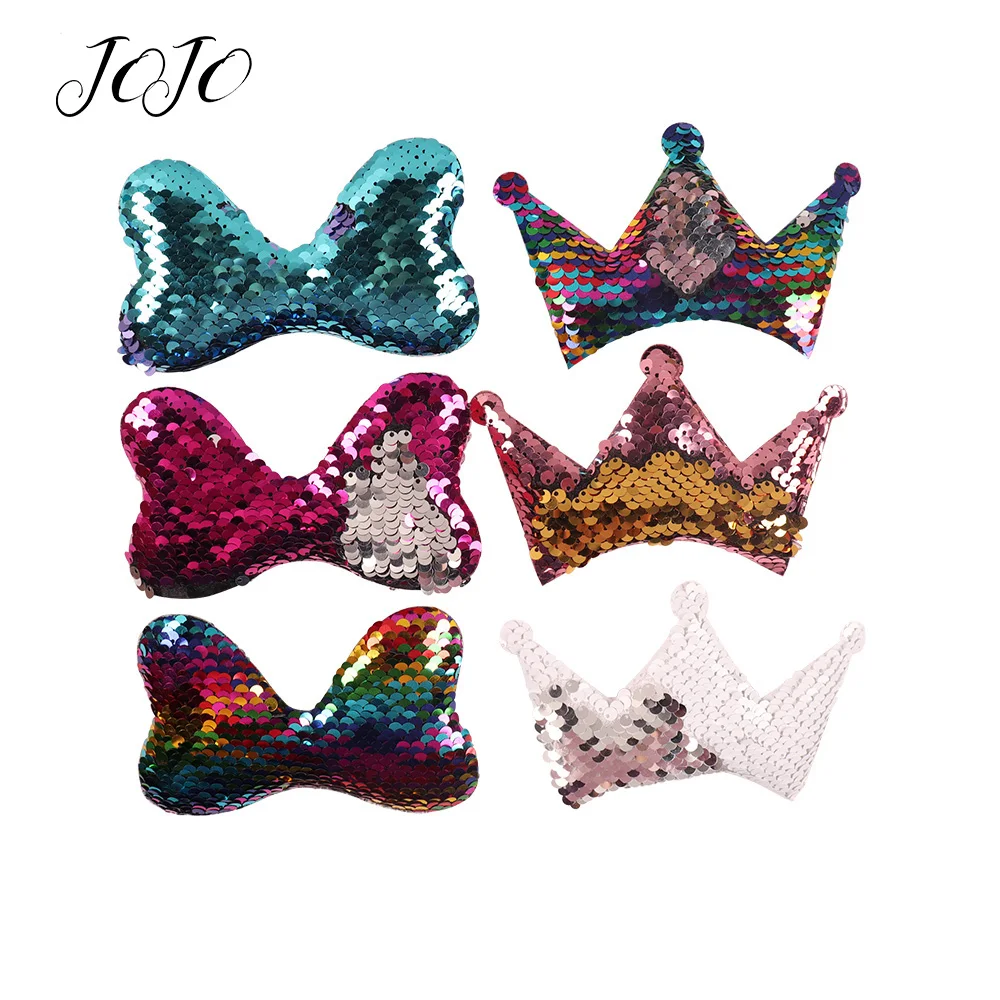 

JOJO BOWS 10pcs Reversible Sequin Patches Solid Bow Crown Accessories For Needlework Apparel Sewing Patch DIY Hairbow Materials