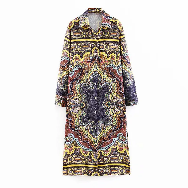 

Women's Shirt Dress Summer Elegant European Vintage Print Long-sleeved Turn-down Collar Midi Bohemia Female Vestido Gold SP569