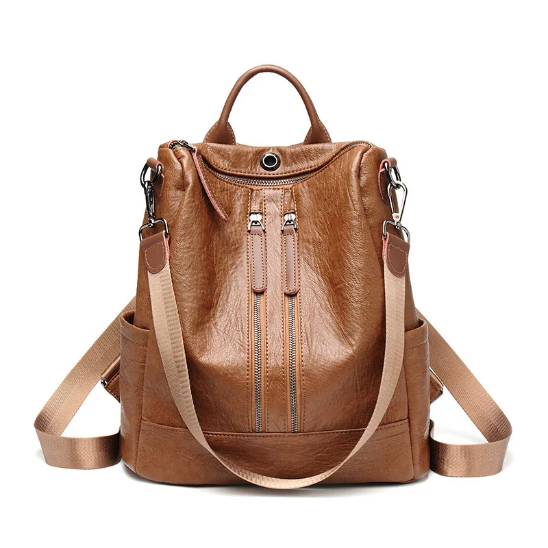 Женские кожаные рюкзаки, высокое качество, рюкзаки для девочек, одноцветные, для путешествий, роскошный дизайн, рюкзак для девушек - Цвет: Double Zipper Brown