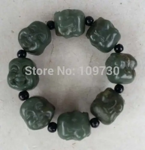 

001517 Chinese Cyan Jade Carved Happy Buddha Head Bracelet (A0427)