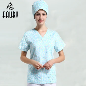 

Wholesale New 2018 Printed V-neck Short Sleeve Tops Pants Doctor Nurse Scrub Sets Workwear Uniform Hospital Surgical Lab Overall