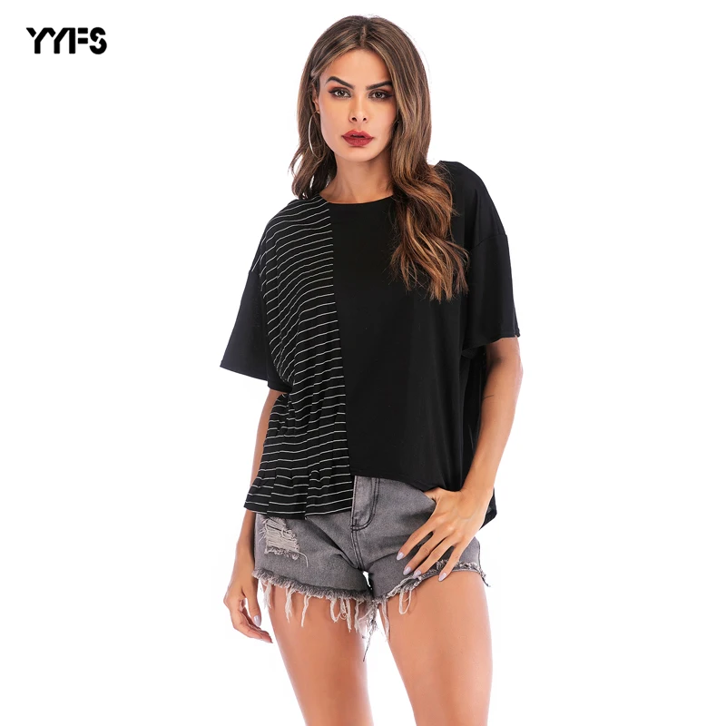 2021 Summer New Stitching Colored Striped Women's T-Shirt Bat Sleeve Loose Irregular Tops Woman Casual T-Shir Camisetas De Mujer | Женская