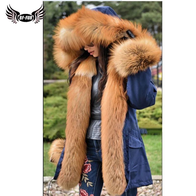 

BFFUR Denim Fur Jackets Fashion Clothing Whole Skin Loose Clothing Oversized Outerwear Good Quality Parka Real Fox Fur Hooded