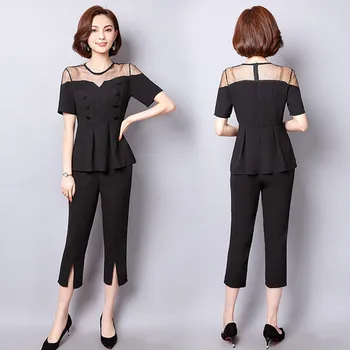 

Fashion Thin Women's Suit Plus Size 5xl Mesh Patchwork Summer Costumes For Women O-neck Pullover Elastic Waist 2 Piece Set Women