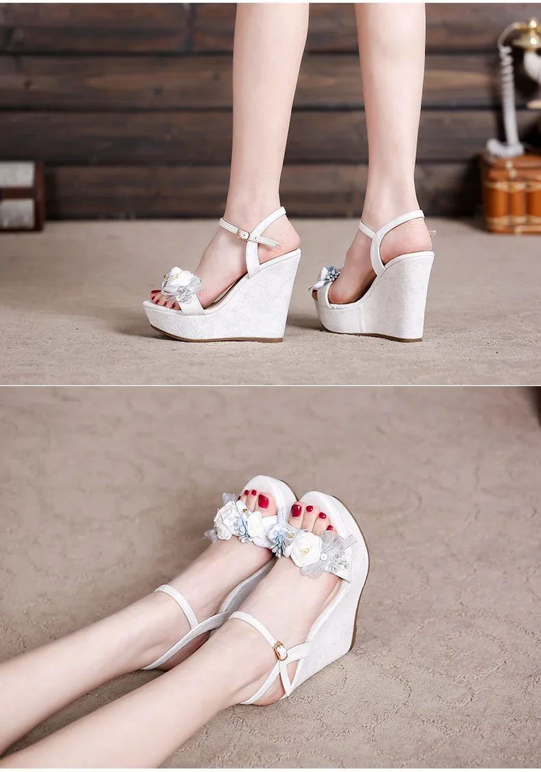 16_2019 Summer New Elegant Fashion High Heel Wedges Sandals Small Size Female Pink White Peep Toe Wedding Shoes