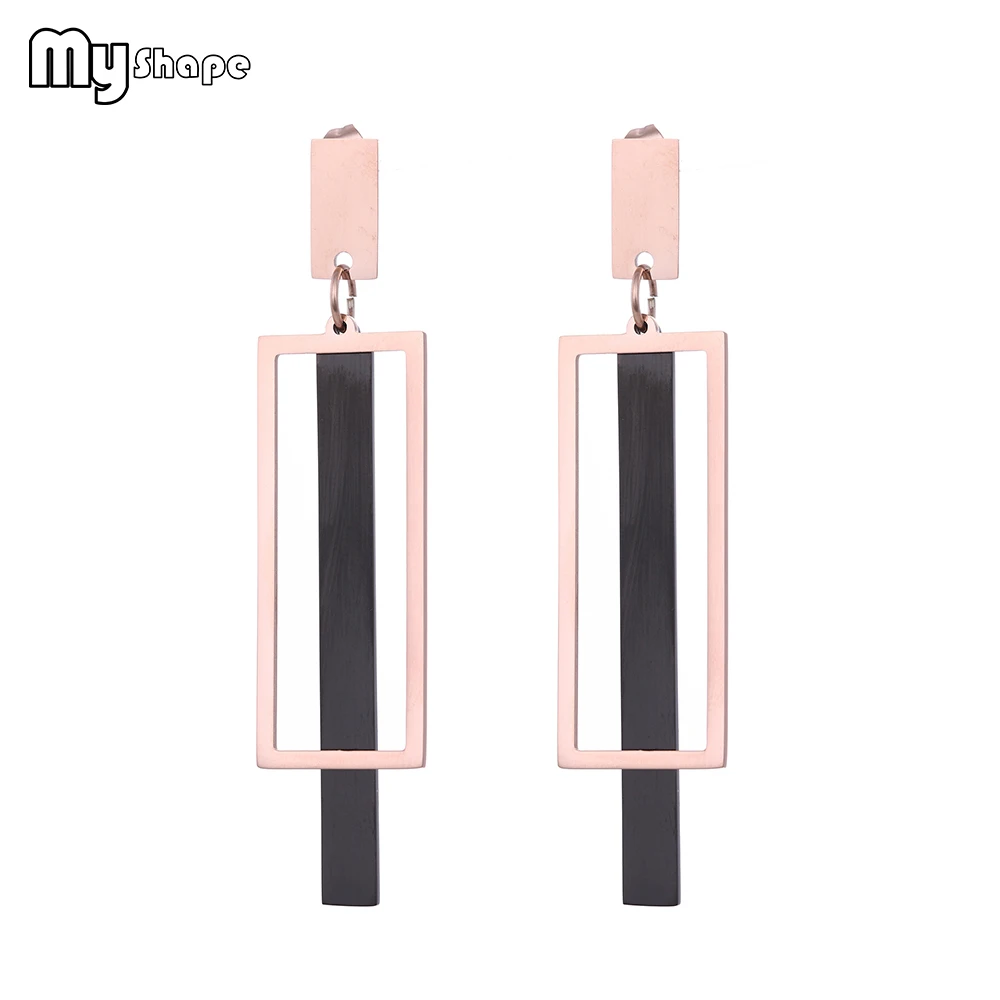 

My Shape Stainless Steel Long Earrings Black Strip Gold Hollow Square Geometric Double Pendants Drop Earrings Women's Jewelry