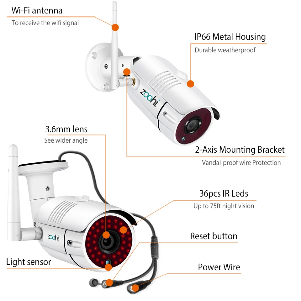  Zoohi Wireless Surveillance System Kit 1080P 2MP HD WIFI Camera Home Security Camera System Night V