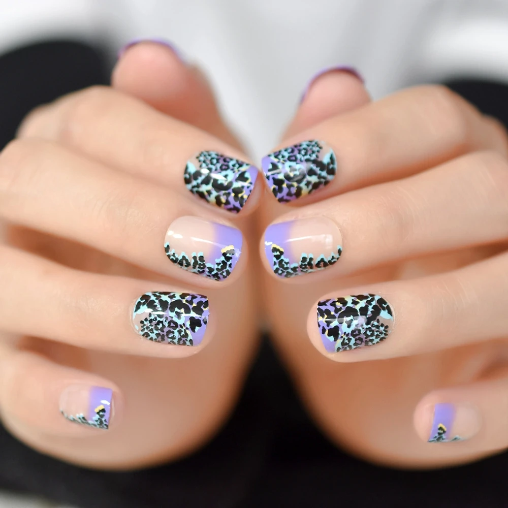 Натуральные обнаженные фиолетовые французские накладные ногти, прессованные на ногти леопарда, художественные советы, ежедневный офисный инструмент для маникюра
