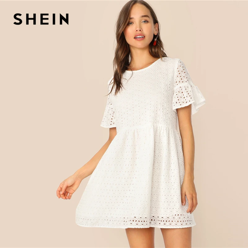 SHEIN Boho Flounce Short Sleeve Solid Schiffy Straight Summer Lace Dress Women Elegant O-Neck Tunic Shift Cute Dresses