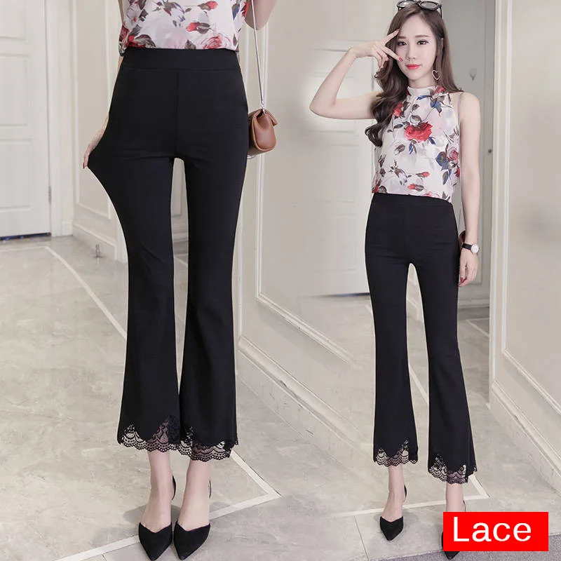 rivet flare pants lace casual pants high waist bottoms stretch skinny pants women beading work pant spring summer soft trousers