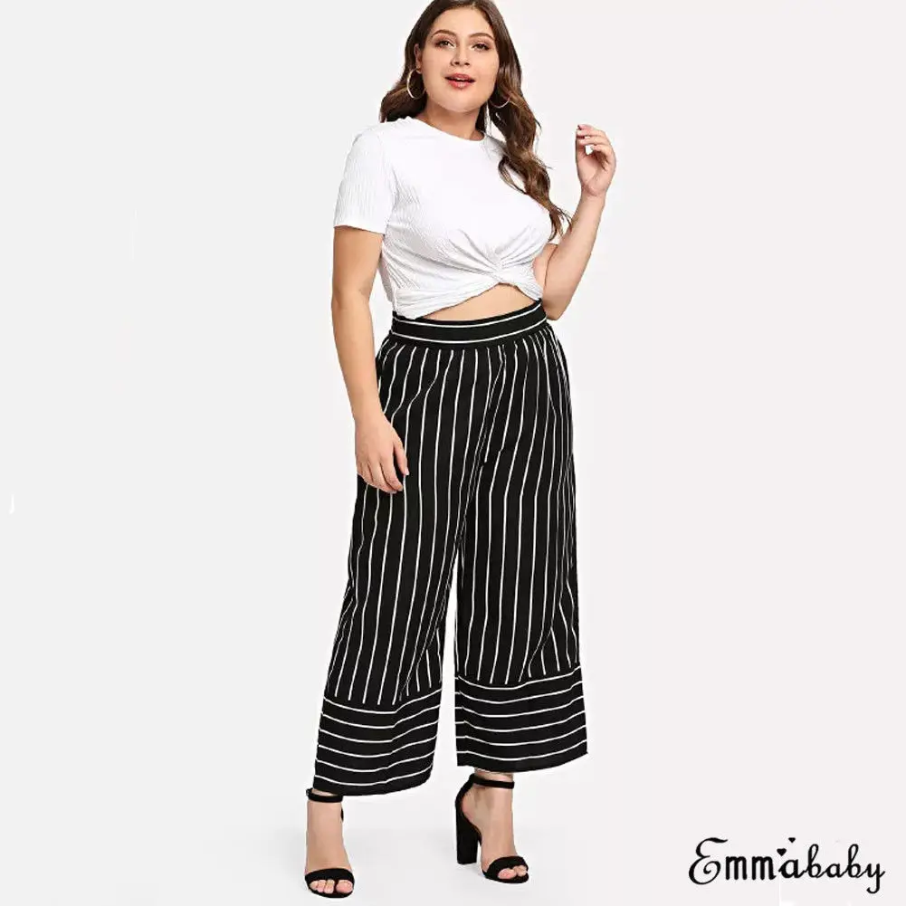 

Plus Size Women's Summer Wide Leg High Waist Loose Casual Striped Pants Trousers