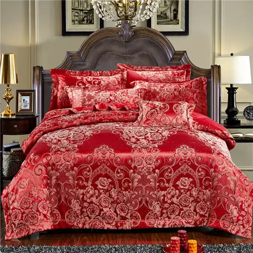 Purple Jacquard Silk cotton Bedding Set Luxury 4pcs Satin Bed Sets