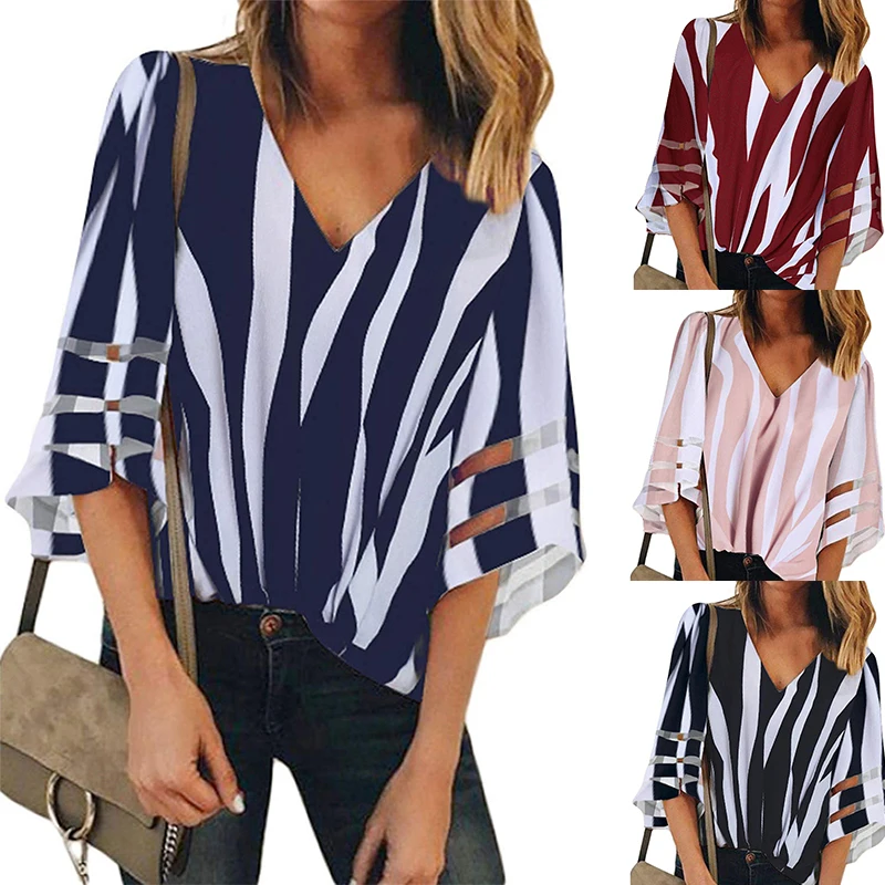 

Women Batwing Sleeve Chiffon Blouse V Neck Loose Tops Summer Striped Blouses Shirts