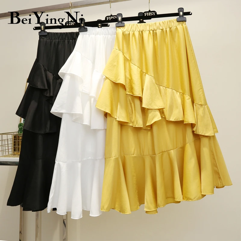 

Beiyingni Pleated Skirt Woman White Black Yellow Solid Summer Ruffles Patchwork Asymmetrical Skirts Vintage High Street Skirt