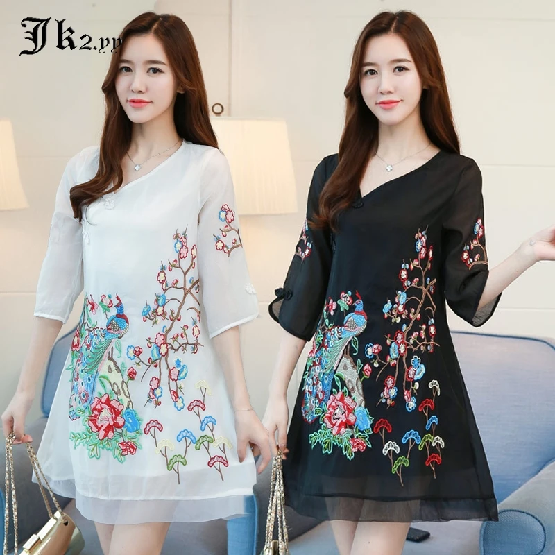 

M- 4XL Plus Size Phoenix Flower Embroidery Chiffon Dress Chinese Traditional Half Sleeve Cheongsam Qipao Short Mini Vestido J531