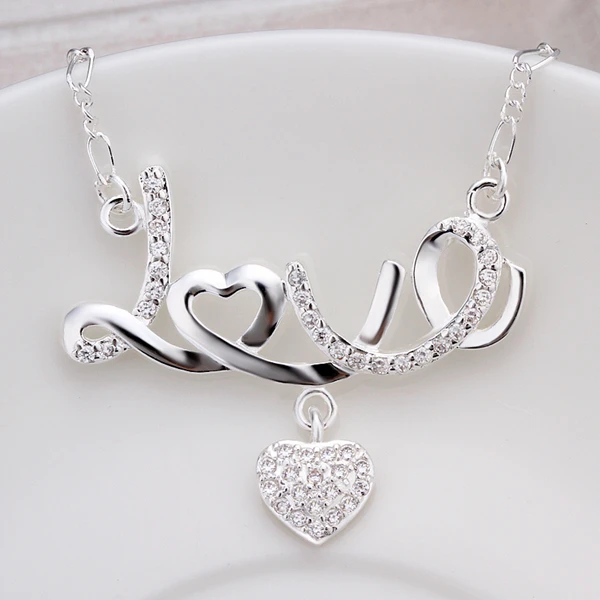

925 sterling silver jewelry fine fashion silver exquisite inaly crystal heart with word LOVE pendant link chain necklace CN309