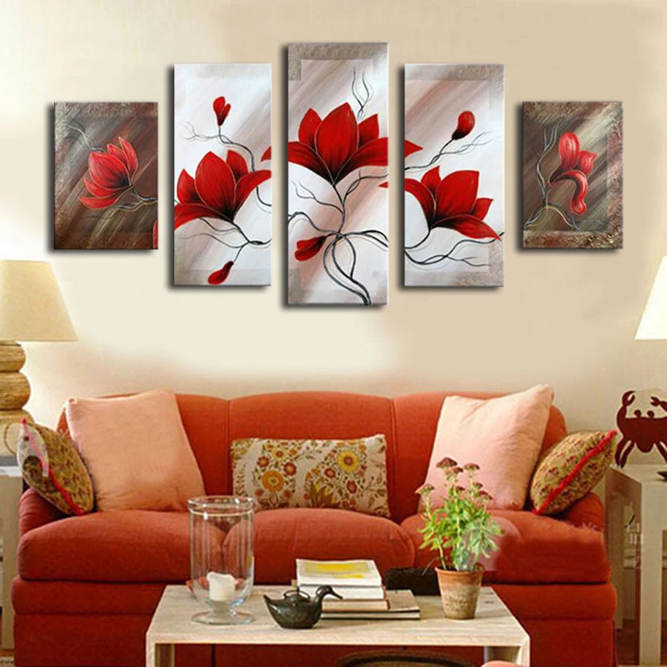 Flower Artwork, Red Spring Tulips Flowers Picture 5 Panel