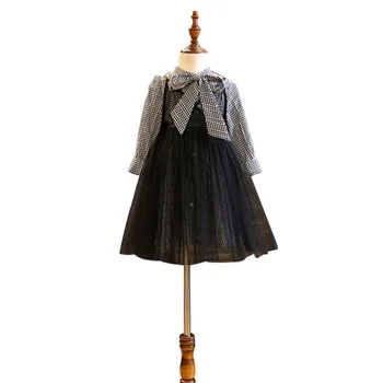 

DFXD England Style Children Girl Clothes Autumn 2018 Fashion Girls Plaid Long Sleeve Bowknot Collar Dress+Black Lace Sling Dress