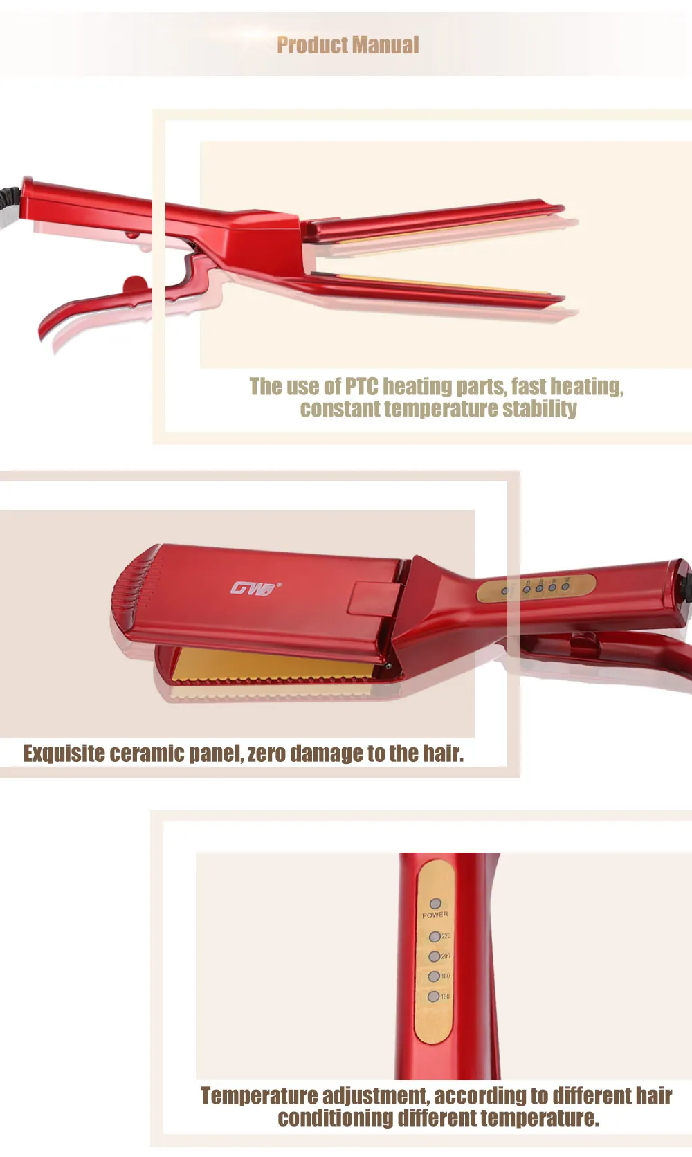 GW-7004 Электрический Профессиональный Flat Iron выпрямление Oversize утюжки для выпрямления волос 110 V-220 V ЕС Plug Инструменты для укладки