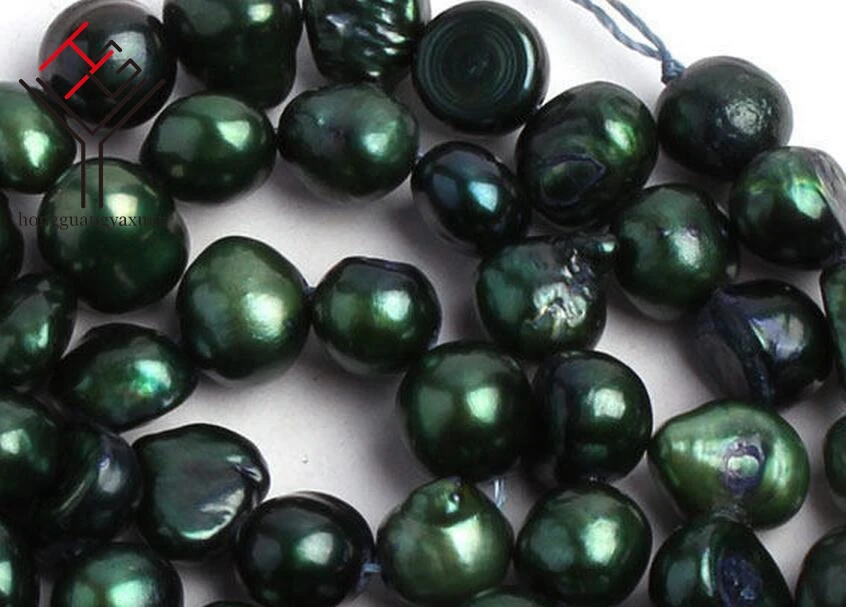 One Strands Real Pearl 6 7mm Deep Dark Green Colors Pearl Flat Baroque