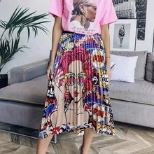 Летние женские миди юбки, корейская мода, женская плиссированная юбка трапециевидной формы с мультяшным принтом и высокой талией для женщин