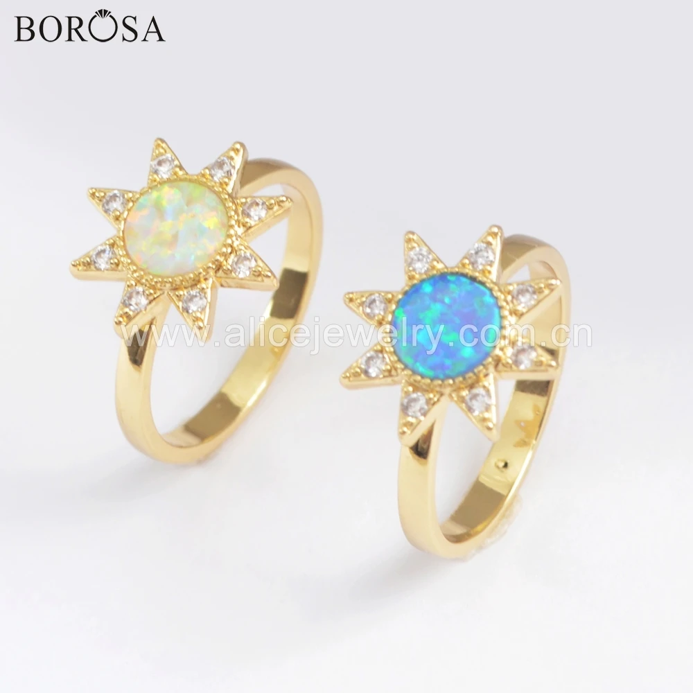 

BOROSA 5PCS Fashion Star Gold Bezel Crystal CZ Micro Pave Blue White Manmade Opal Druzy Ring Jewelry for Women ZG0393