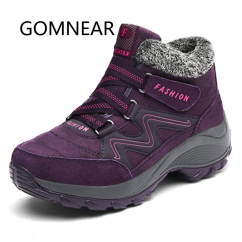 GOMNEAR Plush Warm Black Hiking Shoes Women Winter Outdoor Hiking Boots