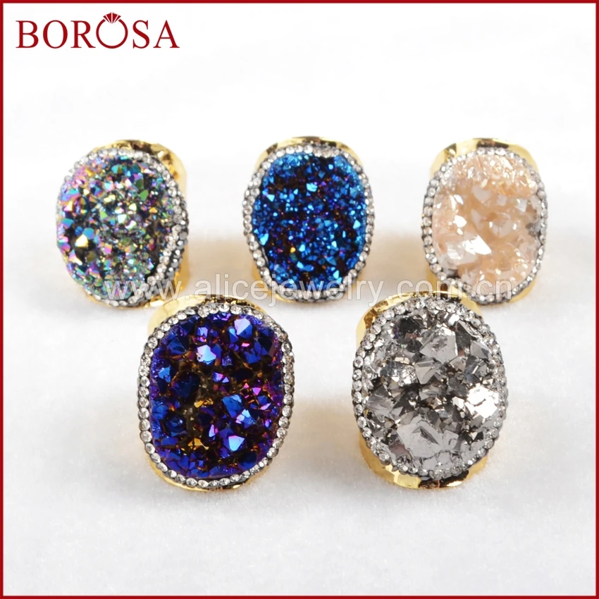 

BOROSA Design 5PCS New Gold Color Rainbow Agates Druzy Titanium Drusy Quartz Ring Paved Zircon Jewelry For Women JAB255