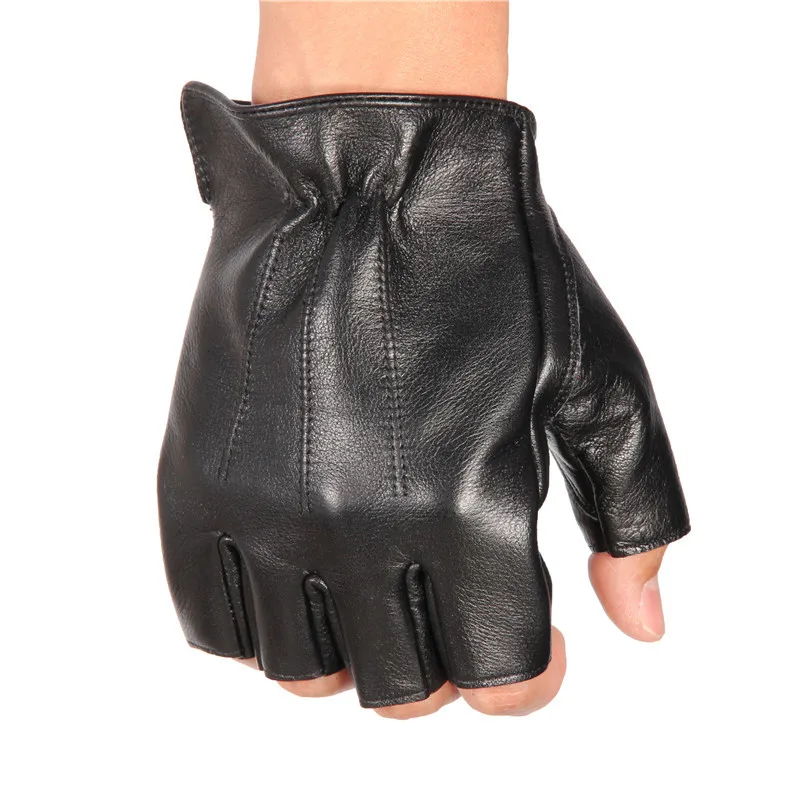 Cowhide Man's Semi-Finger Gloves Locomotive Harley Motorcycle Non-Slip Fitness Male Genuine Leather Gloves NAN48