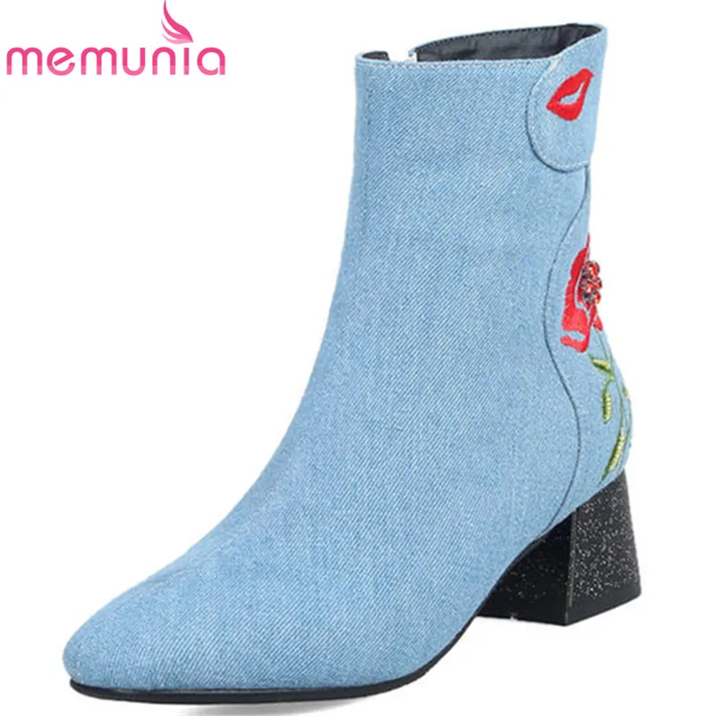 

MEMUNIA 2018 newest denim fashion style ankle boots for women short plush autumn winter boots high heels casual female shoes