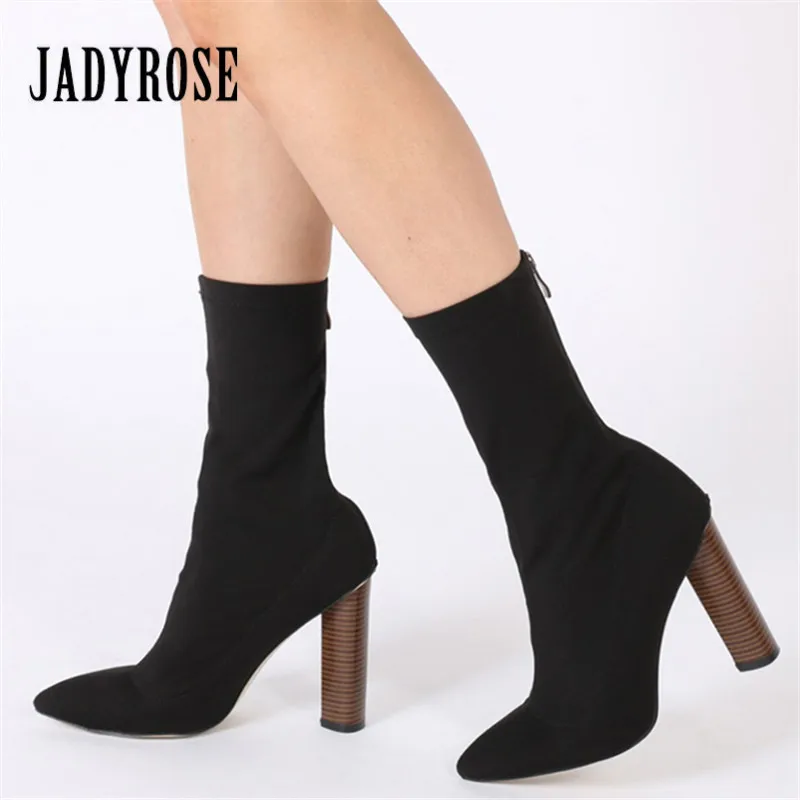 Comprar Jady Rose moda botas de tobillo de tela elástica para mujer botas gruesas de tacón alto bota elástica punta puntiaguda de mujer con cremallera en la espalda botas altas