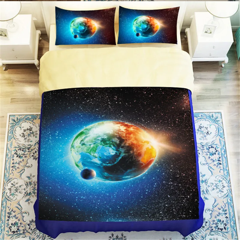 

Outer Space Star Earth Night 3D Galaxy Blue & Beige Reversible Bedding Set 3 or 4pcs Full Queen King Size Duvet Cover Bedlinen