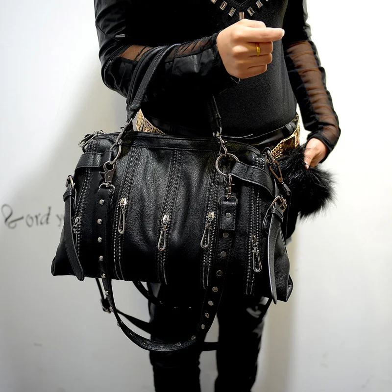 

New PU Leather Womans Casual Motorcycle Bag Metal Punk Rivet Handbag Crossbody Shoulder Bag