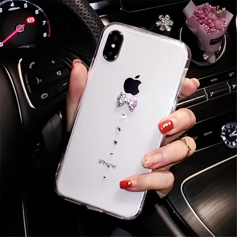 

For Samsung S6 S7 edge S8 S9 plus Note 3 4 5 8 9 Glitter Women cute rhinestone bow transparent soft Phone case Soft Back cover