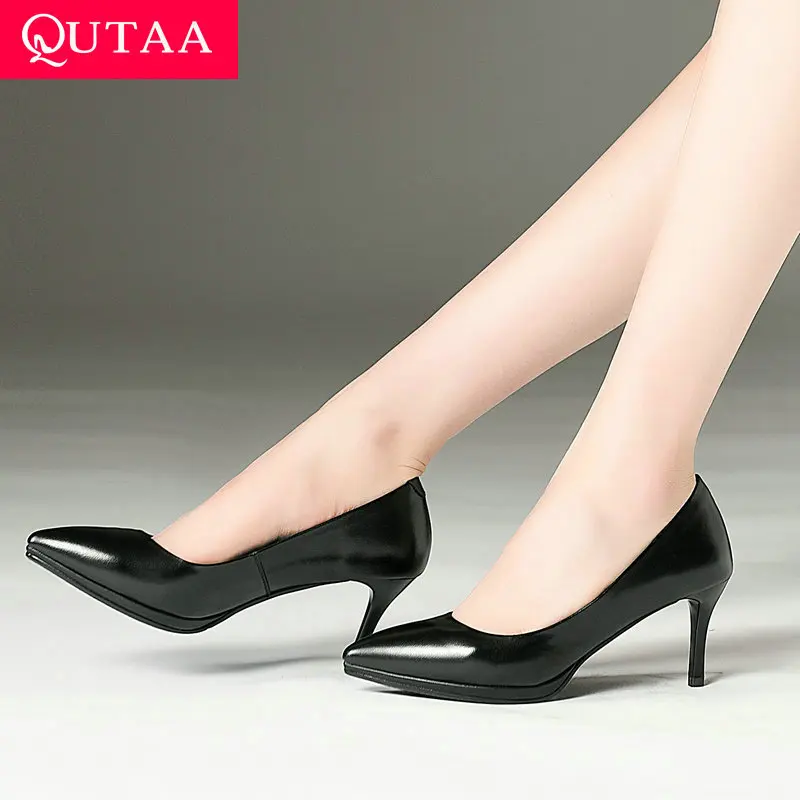 

QUTAA 2019 Women Shoes Platform Slip on All Match Pointed To Cow Leather+pu Thin High Heel Casual Ladies Pumps Size 34-39