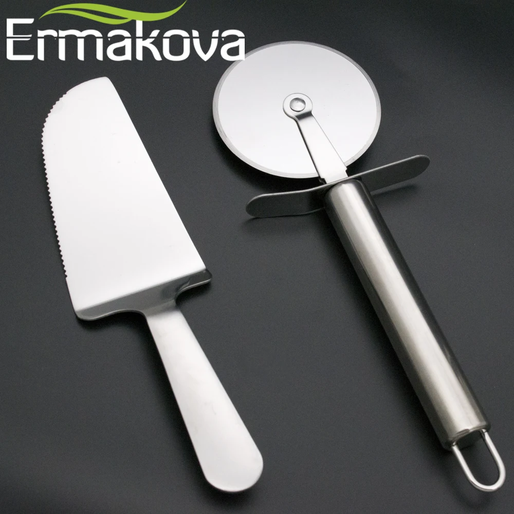 

ERMAKOVA 2 Pcs/Set Pizza Cutter Pie Server Pizza Server Knife Sharp Pizza Wheel Slicer Stainless Steel Kitchen Pizza Tool Set