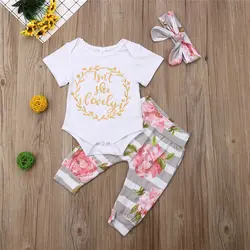 Комплект из трех предметов; Одежда для новорожденных девочек; комбинезон с круглым вырезом и короткими рукавами; эластичный цветок; штаны с