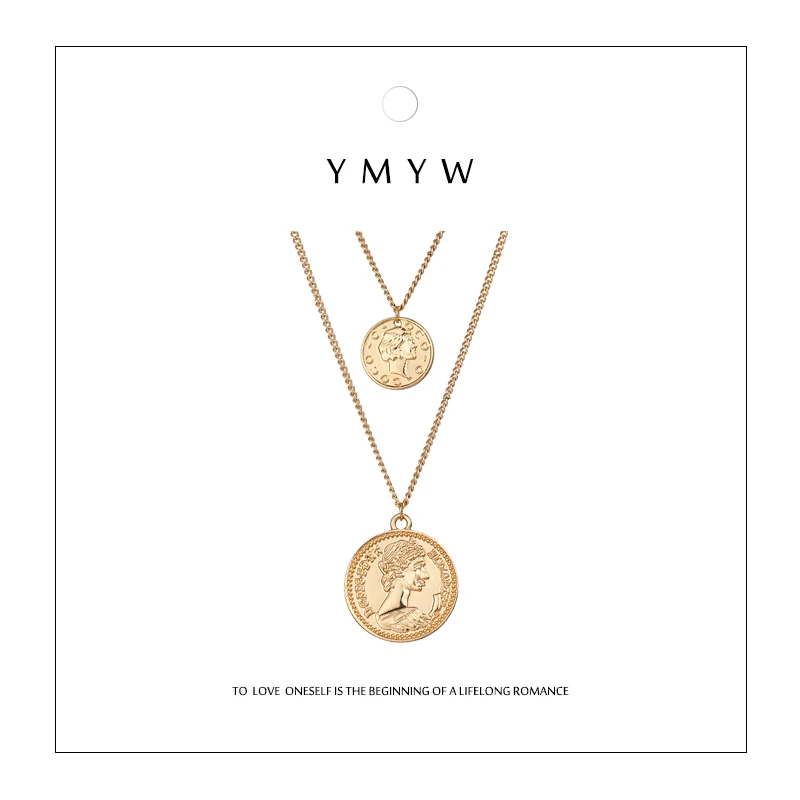 

YMYW Trendy Vintage Round Portrait Coin Double Layers Pendant Necklaces Gold Long Chain Metal Punk For Women Party Jewelry Gift