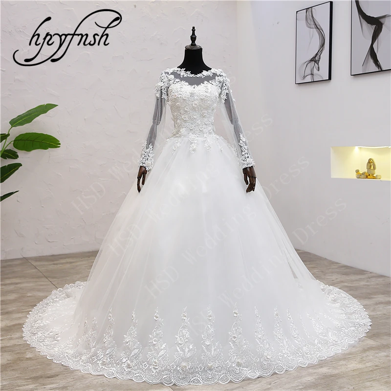 

H400 A-Line Sweet White Ivory Tulle Long Sleeve train Muslim Wedding Dresses 2019 with Flower Bridal Dress Marriage Customer 70